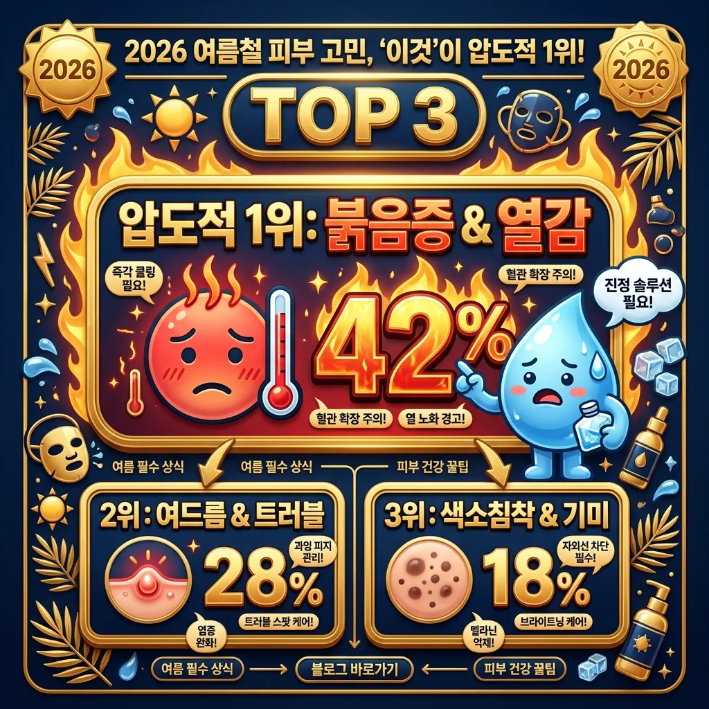 2026년 여름철 주요 피부 고민 1위가 붉음증과 열감임을 강조하는 인포그래픽. 붉음증(42%)이 여드름(28%), 색소침착(18%)보다 압도적으로 많음을 시각화하여 보여준다.