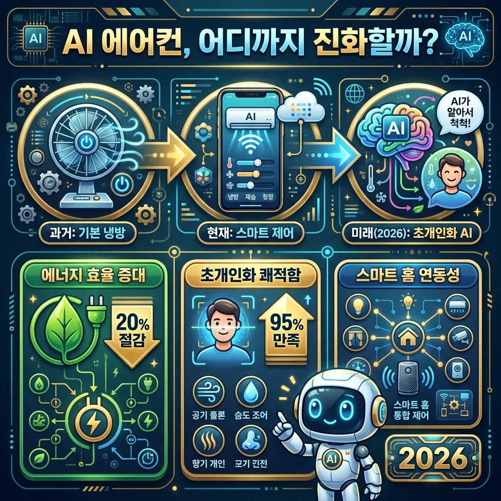 2026년 삼성 AI 무풍에어컨이 제시하는 AI 기술의 진화 단계와 핵심 기능을 시각화한 정보성 이미지