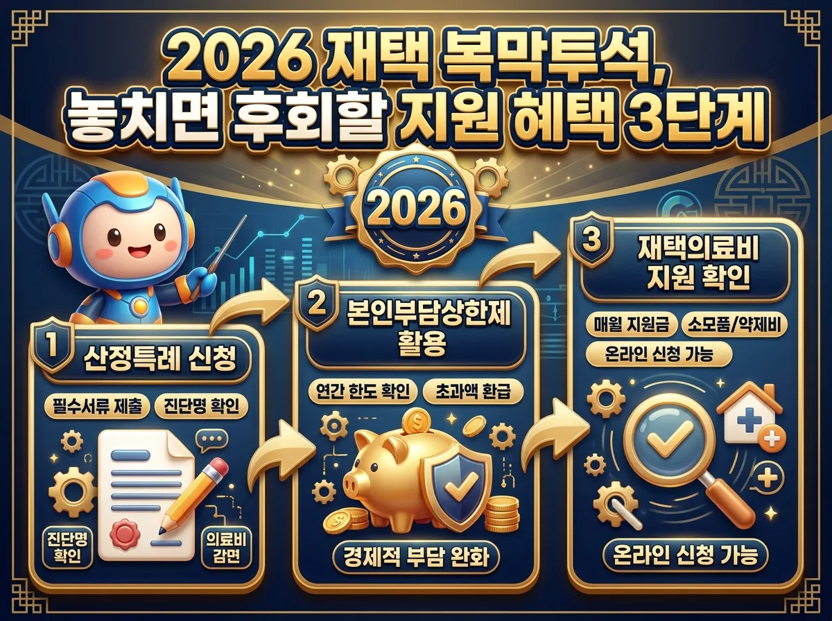 2026년 재택 복막투석 환자가 놓치지 말아야 할 주요 지원 혜택 신청 절차를 3단계로 보여주는 정보성 인포그래픽입니다.