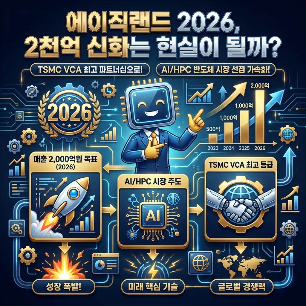 에이직랜드의 2026년 핵심 성장 동력을 시각화한 인포그래픽 포스터입니다. AI/HPC 턴키 솔루션 확대, 자동차 전장 시장 진출, IP 포트폴리오 강화, TSMC VCA 파트너십이라는 네 가지 주요 전략이 3D 카툰 캐릭터 주변에 정보 카드로 제시되어 있습니다.