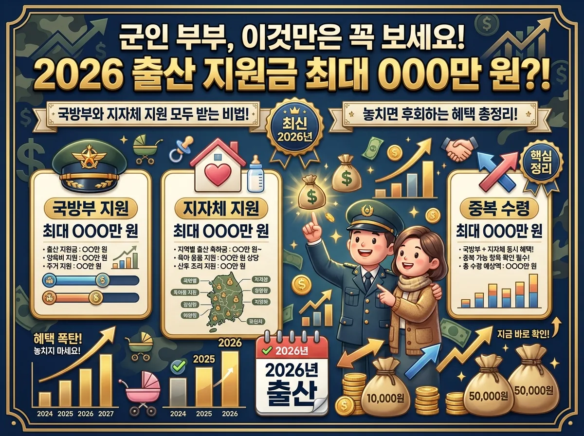 2026년 군인 부부가 출산 및 양육지원금을 신청하는 상세한 흐름도를 보여주는 인포그래픽. 출생신고부터 국방부, 지자체, 국가 지원금 신청까지의 모든 단계를 시각적으로 설명합니다.