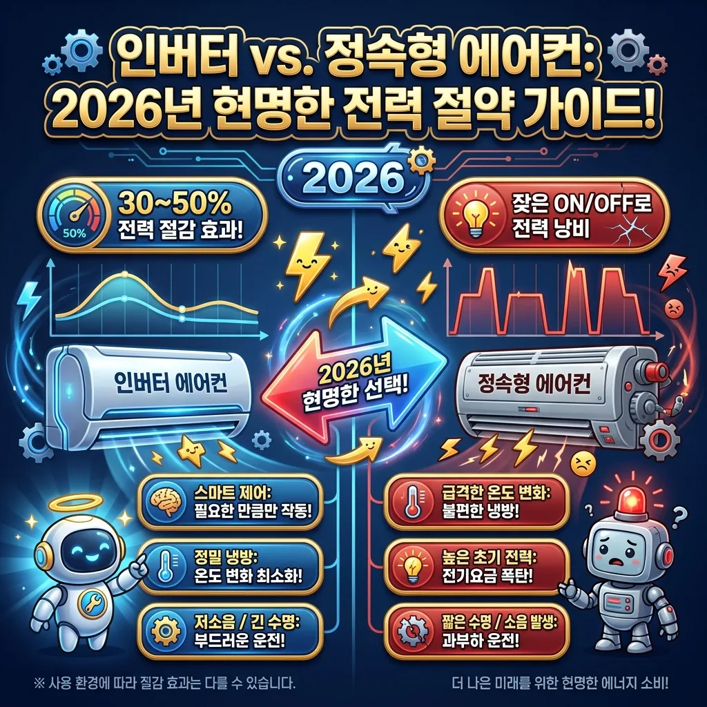 2026년 여름 인버터 에어컨을 가장 효율적으로 사용하는 3단계 절차를 시각화한 인포그래픽. 초기 강풍 모드, 희망 온도 25~26도 유지 및 절전, 단시간 외출 시 끄지 않고 온도만 올리는 방법을 단계별 아이콘과 설명으로 안내한다.