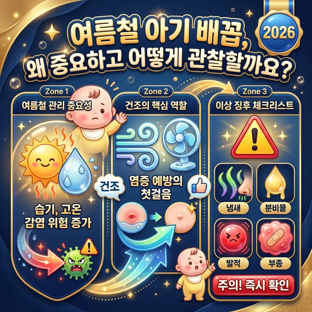 여름철 아기 배꼽 관리의 중요성과 관찰 방법을 명확히 보여주는 인포그래픽 포스터. '여름철 아기 배꼽, 왜 중요하고 어떻게 관찰할까요?'라는 한글 헤더 아래, 여름철 습기와 고온으로 인한 감염 위험 증가, 건조가 염증 예방에 미치는 핵심 역할, 그리고 냄새, 분비물, 발적, 부종 등의 이상 징후 체크리스트를 아이콘과 한글 텍스트로 풍부하게 시각화했습니다. 2026년 배지를 포함한 정보가 꽉 찬 디자인입니다.