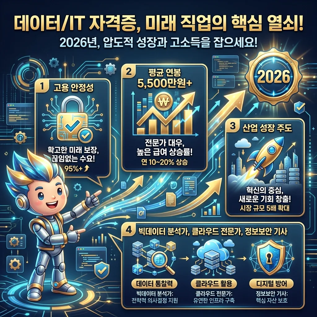 데이터/IT 자격증이 높은 고용 안정성, 5,500만원 이상의 평균 연봉, 그리고 산업 성장을 주도하는 미래 직업의 핵심 열쇠임을 보여주는 인포그래픽 포스터로, 다양한 정보 카드와 캐릭터가 포함되어 있습니다.