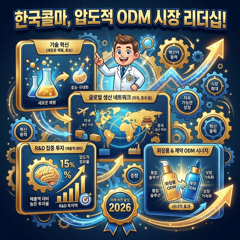 2026년 한국콜마의 미래 성장 전략을 담은 강력한 인포그래픽. 바이오 소재 혁신, 북미 및 동남아 시장 공략 강화, 친환경 ESG 경영 실천 등 핵심 전략을 정보 카드와 아이콘, 캐릭터로 설명한다.