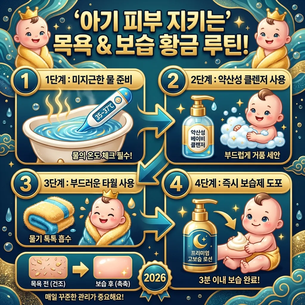 2026년 신생아 태열 관리를 위한 올바른 목욕 및 보습 루틴을 단계별로 안내하는 정보성 인포그래픽. 미지근한 물 준비, 약산성 클렌저 사용, 부드러운 타월 활용, 즉시 보습제 도포의 네 가지 핵심 단계를 아이콘과 한글 라벨로 상세히 보여줍니다.