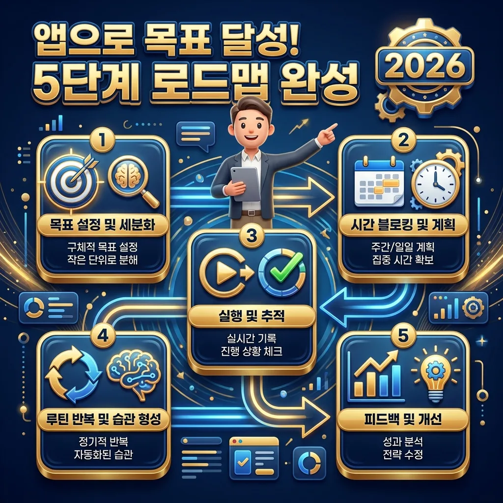 2026년 자기계발 목표 달성을 위한 앱 활용 5단계 로드맵을 보여주는 꽉 찬 인포그래픽 포스터. 친근한 3D 직장인 캐릭터가 목표 설정, 시간 블록킹, 실행 및 추적, 루틴 반복, 피드백 및 개선의 5가지 단계를 설명하는 정보 카드와 흐름 화살표를 가리키고 있다.