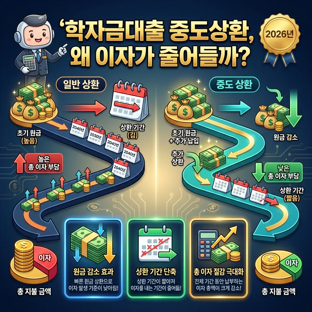 2026년 학자금대출 중도상환을 위한 재정 분석, 계획 수립, 한국장학재단 활용 3단계 성공 전략을 시각화한 인포그래픽입니다.