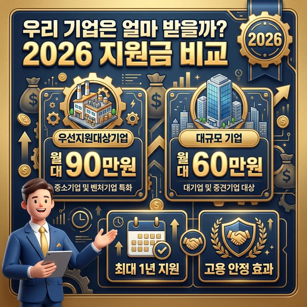 2026년 정규직 전환 지원금의 기업 규모별 지원 금액을 비교한 인포그래픽. '우리 기업은 얼마 받을까?'라는 한글 질문과 함께 우선지원대상기업과 대규모 기업의 월 최대 지원금액(90만원, 60만원)이 각기 다른 아이콘과 숫자로 명확히 제시되어 있다. 지원 기간과 고용 안정 효과 등 추가 혜택이 설명되어 있으며, 3D 캐릭터와 '2026'년도 배지가 강조된 포스터 디자인이다.