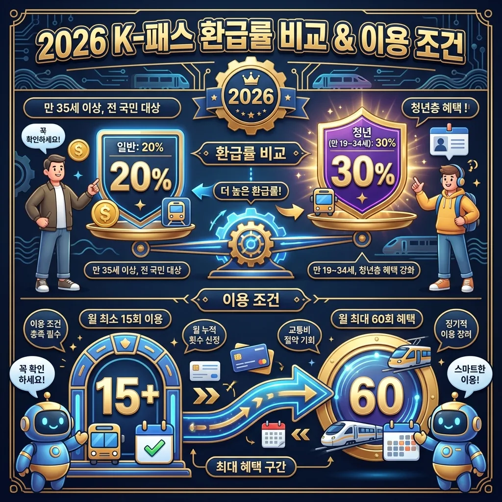 2026년 K-패스의 계층별 환급률과 월별 이용 조건을 비교 설명하는 인포그래픽 포스터. 일반 20%, 청년 30%의 환급률과 월 최소 15회에서 최대 60회 이용 조건을 명확한 아이콘과 숫자로 보여주며, 친근한 캐릭터가 핵심 정보를 강조한다.