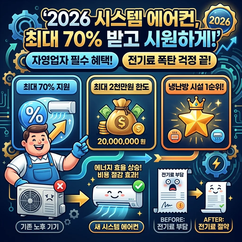 2026년 소상공인 시스템 에어컨 지원금 신청 과정을 5단계로 명확하게 보여주는 인포그래픽. 정보 확인부터 설치 및 정산까지 각 단계별 아이콘과 설명이 흐름에 따라 제시되어 있으며, 친근한 캐릭터가 과정을 안내한다. '2026'년도 배지가 포함되어 있다.