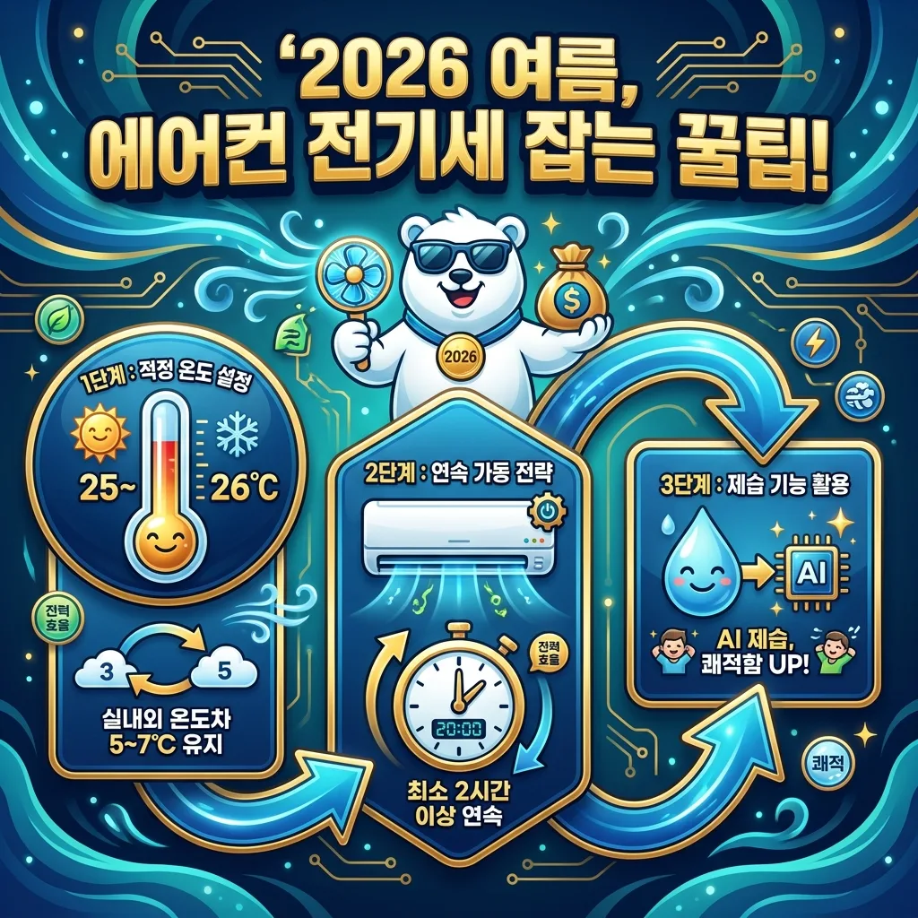 2026년 여름철, 에어컨 전기세를 절약하고 효율적으로 사용하는 세 가지 핵심 팁을 담은 인포그래픽입니다. 적정 온도 설정, 연속 가동 전략, AI 제습 기능 활용법을 시각적으로 설명합니다.