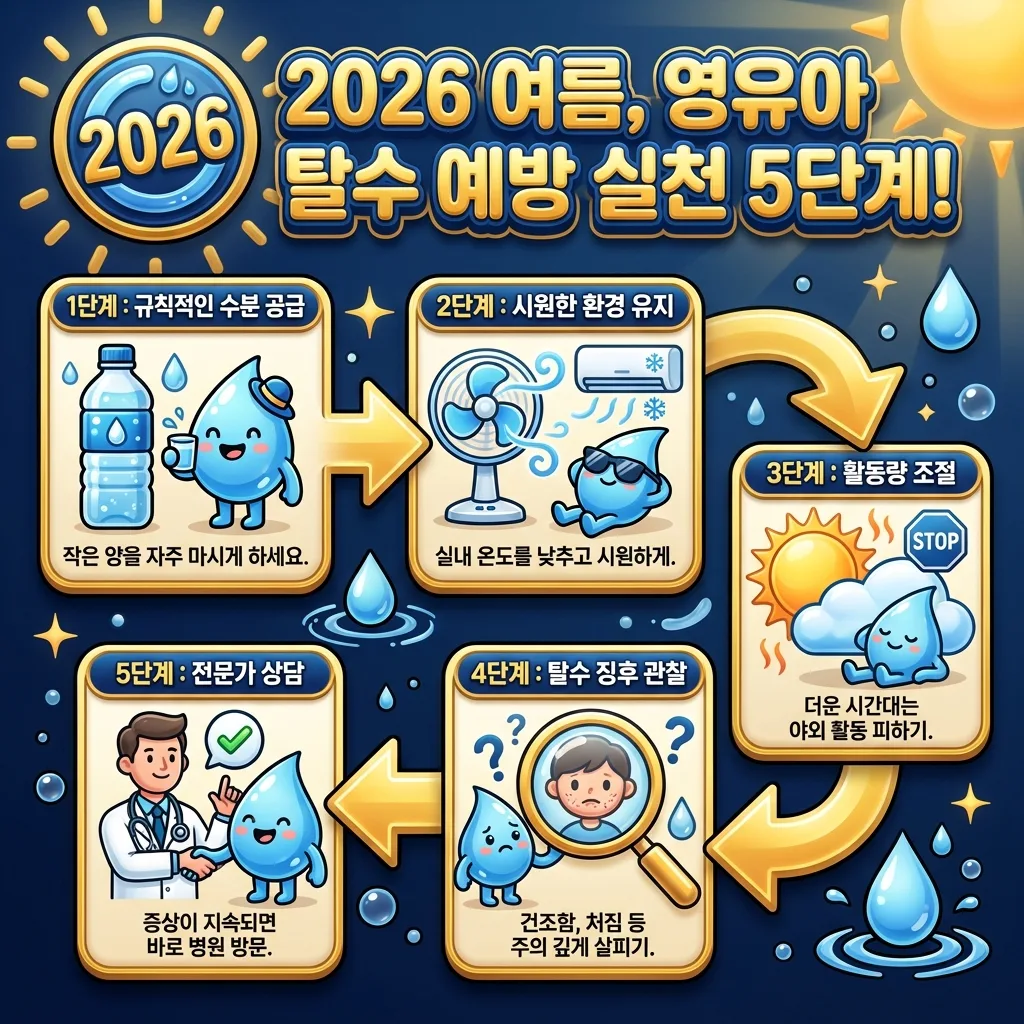 2026년 여름철 영유아의 탈수를 예방하기 위한 5가지 실천 단계를 보여주는 인포그래픽. 규칙적인 수분 공급부터 탈수 징후 관찰, 전문가 상담까지 명확한 지침을 제공합니다.