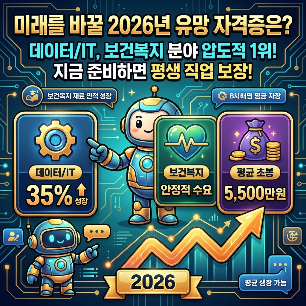 2026년 미래를 바꿀 유망 자격증으로 데이터/IT와 보건복지 분야가 압도적으로 높은 성장률과 안정적 수요, 그리고 평균 5,500만원의 초봉을 보장한다는 내용의 화려하고 정보가 가득 찬 인포그래픽 포스터 이미지입니다.