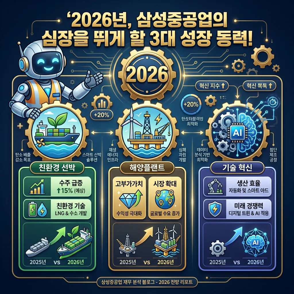삼성중공업 투자 시 고려해야 할 3단계 필수 체크리스트를 시각화한 인포그래픽. 시장 환경 분석, 기업 실적 검토, 위험 요소 확인 단계를 각 아이콘과 핵심 설명으로 보여줍니다. 3D 투자자 캐릭터가 체크리스트를 들고 안내하며, 2026년 투자 전략에 대한 정보를 제공합니다.