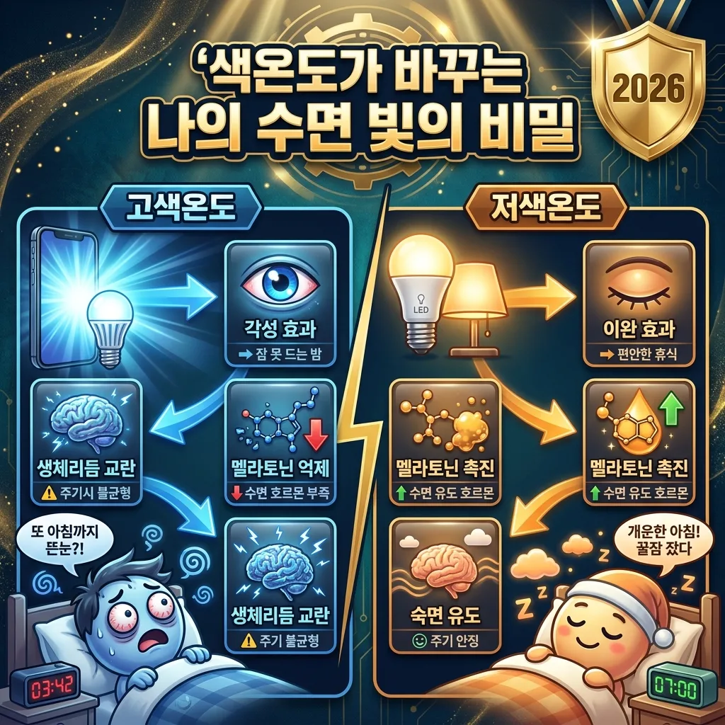 색온도가 수면에 미치는 영향을 비교하는 인포그래픽 포스터. '색온도가 바꾸는 나의 수면 😴 빛의 비밀'이라는 제목 아래, 고색온도(푸른빛)는 멜라토닌 억제와 생체리듬 교란을 유발하며 잠들기 어려워하는 캐릭터로 표현되고, 저색온도(따뜻한 빛)는 멜라토닌 촉진과 숙면 유도로 편안하게 잠든 캐릭터로 시각화되어 있다. 2026년 배지가 포함된 대비되는 패널 디자인.