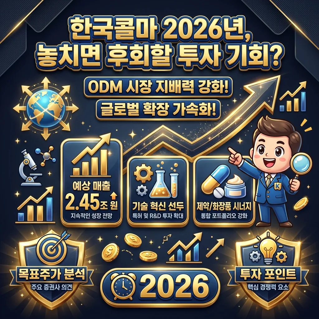 한국콜마의 압도적인 ODM 시장 리더십을 시각화한 풍부한 인포그래픽. 기술 혁신, 글로벌 생산 네트워크, R&D 투자, 그리고 화장품과 제약 ODM 시너지를 보여주는 정보 카드와 아이콘들이 가득하며, 친근한 캐릭터가 이를 설명한다.