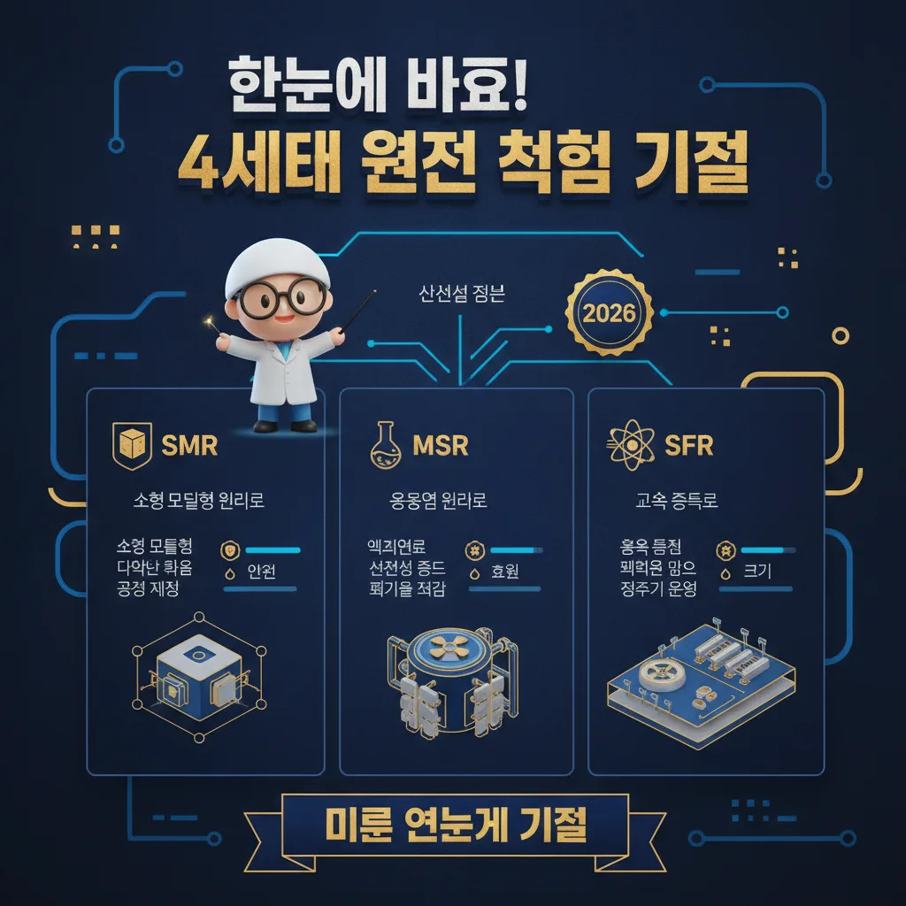 SMR, MSR, SFR 등 4세대 원전의 주요 기술들을 비교 분석하는 인포그래픽. '한눈에 비교! 4세대 원전 핵심 기술'이라는 제목 아래, 각 기술의 특징과 장점을 시각적으로 구분하여 보여준다. 친근한 과학자 캐릭터가 기술별 아이콘과 한글 설명을 통해 핵심 차이점을 명확히 설명하고 있으며, 2026년 배지가 강조되어 있다.