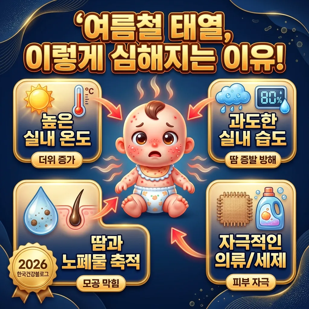 2026년 여름철 신생아 태열이 심해지는 주된 원인들을 설명하는 정보성 인포그래픽. 높은 실내 온도, 과도한 습도, 땀과 노폐물 축적, 자극적인 의류와 세제 등 네 가지 주요 요인을 아이콘과 한글 라벨로 시각화하여 보여줍니다.