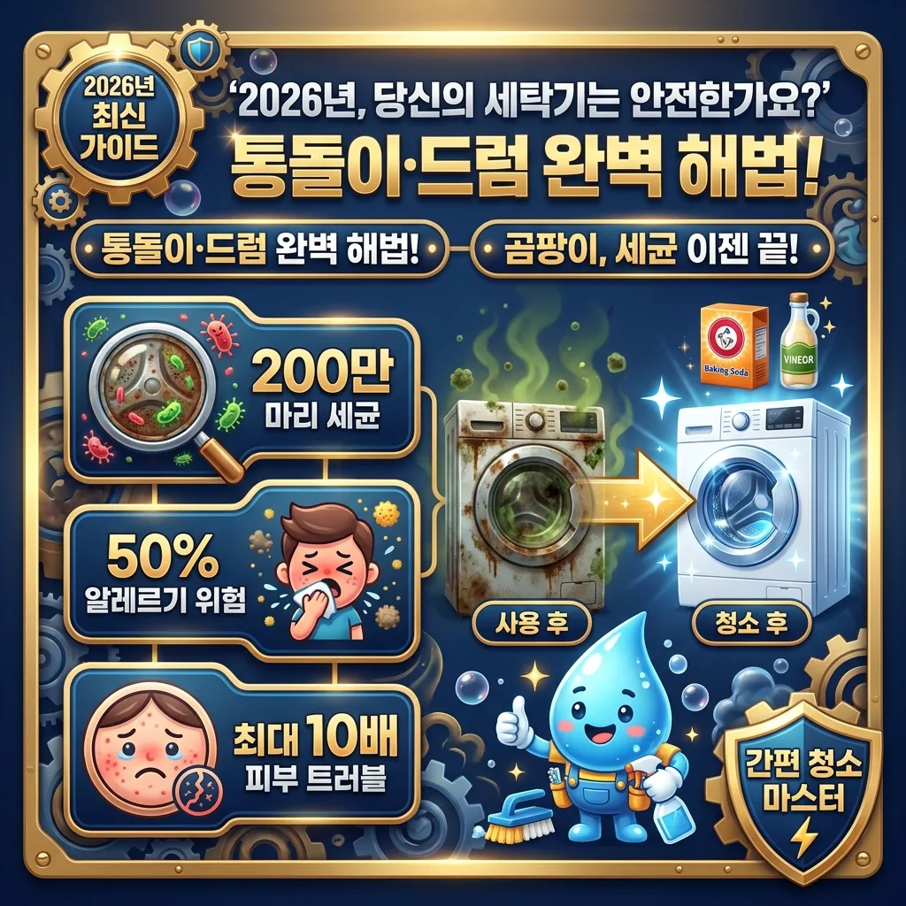 2026년 최신 세탁조 청소 가이드 인포그래픽 포스터. 곰팡이와 세균으로 오염된 세탁기가 베이킹소다와 식초로 깨끗해지는 과정을 친근한 캐릭터와 함께 보여주며, 세균 200만 마리, 알레르기 50% 위험 등 핵심 정보를 강조합니다.