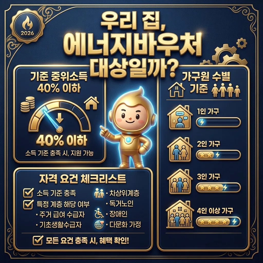 2026년 에너지바우처 신청 방법과 절차를 상세히 설명하는 인포그래픽 포스터. '에너지바우처, 이렇게 신청하세요!'라는 큰 한글 제목 아래 신청 서류 준비, 방법 선택, 바우처 지급 과정을 단계별로 안내합니다. 필수 제출 서류와 온라인/방문 신청 방법, 주요 혜택을 친근한 캐릭터와 아이콘으로 시각화하여 쉽게 이해할 수 있습니다.