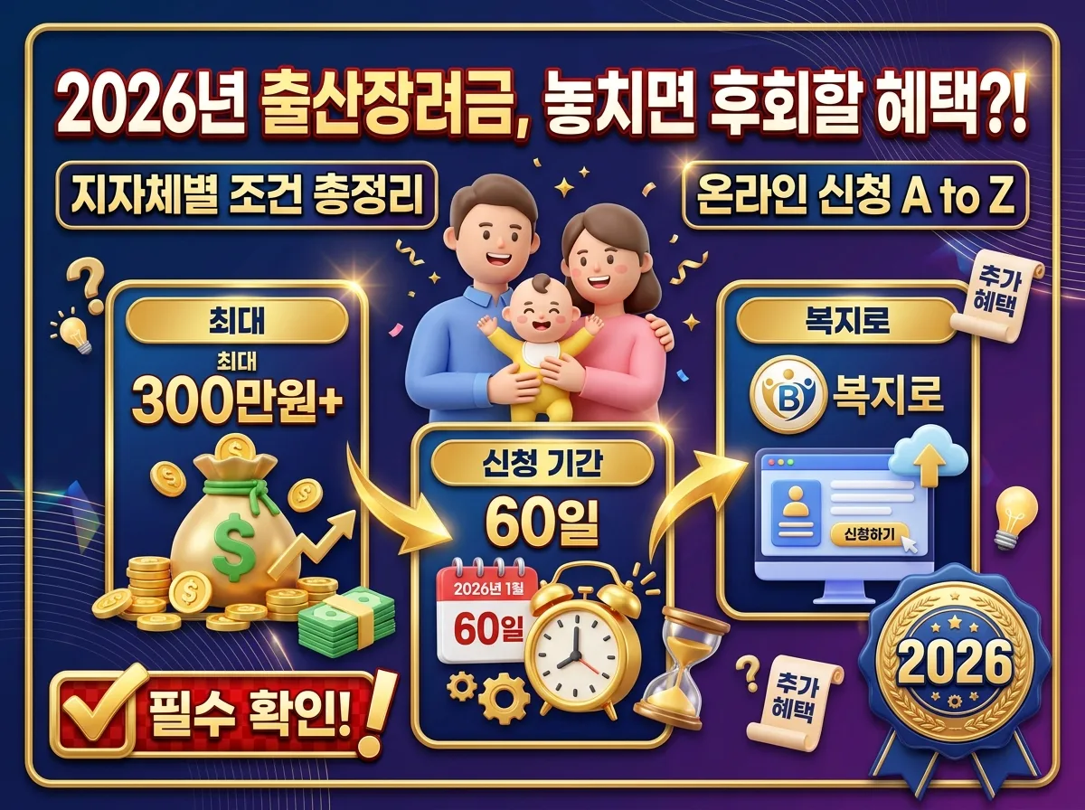 2026년 주요 출산 지원금 제도인 부모급여, 첫만남이용권, 지자체 출산장려금, 다자녀 지원을 비교하여 우리 가족에게 맞는 혜택을 찾는 과정을 시각화한 인포그래픽 포스터.