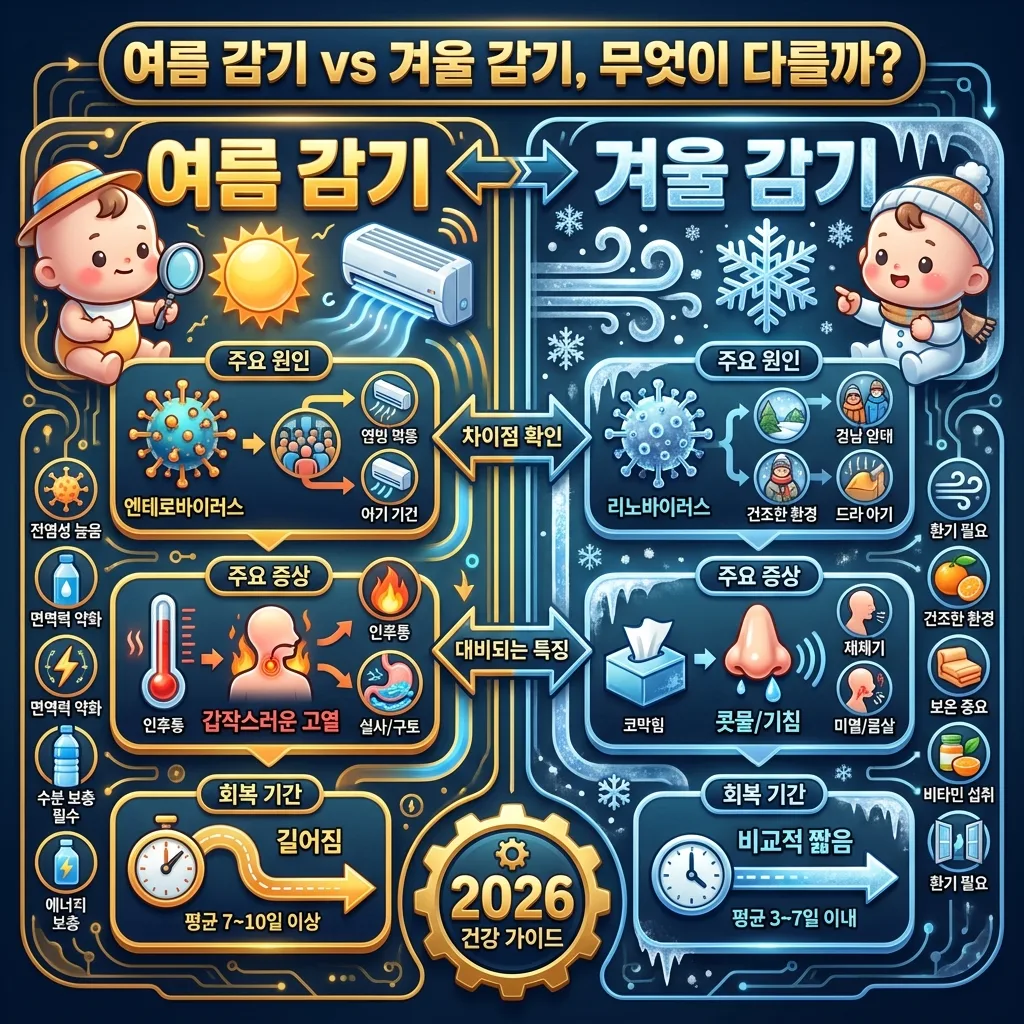 유아 여름 감기와 겨울 감기의 주요 차이점을 비교하는 인포그래픽입니다. '여름 감기 vs 겨울 감기, 무엇이 다를까?' 헤더 아래 원인, 증상, 회복 기간을 정보 카드로 설명합니다. 아이콘과 함께 두 감기의 특성을 시각적으로 대비시켜 이해를 돕습니다.