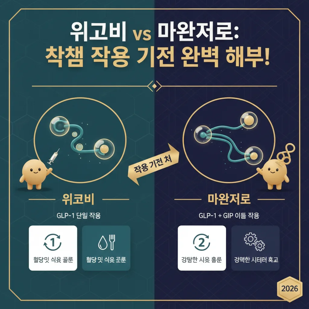 2026년 위고비의 GLP-1 단일 작용과 마운자로의 GLP-1 GIP 이중 작용의 핵심 차이점을 명확하게 비교 설명하는 풍부한 정보의 인포그래픽.
