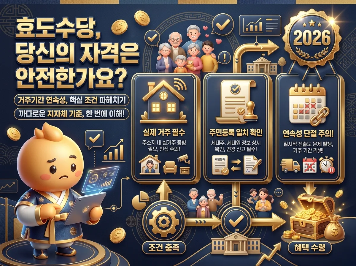 2026년 효도수당 거주기간 연속성 단절의 주요 원인과 해결책을 보여주는 인포그래픽. 일시 전출, 주민등록 불일치, 해외 장기 체류 등의 문제점과 주소 변경 즉시 신고, 서류 준비, 기록 점검 등 해결 방법을 친근한 캐릭터와 함께 시각적으로 설명하고 있다.