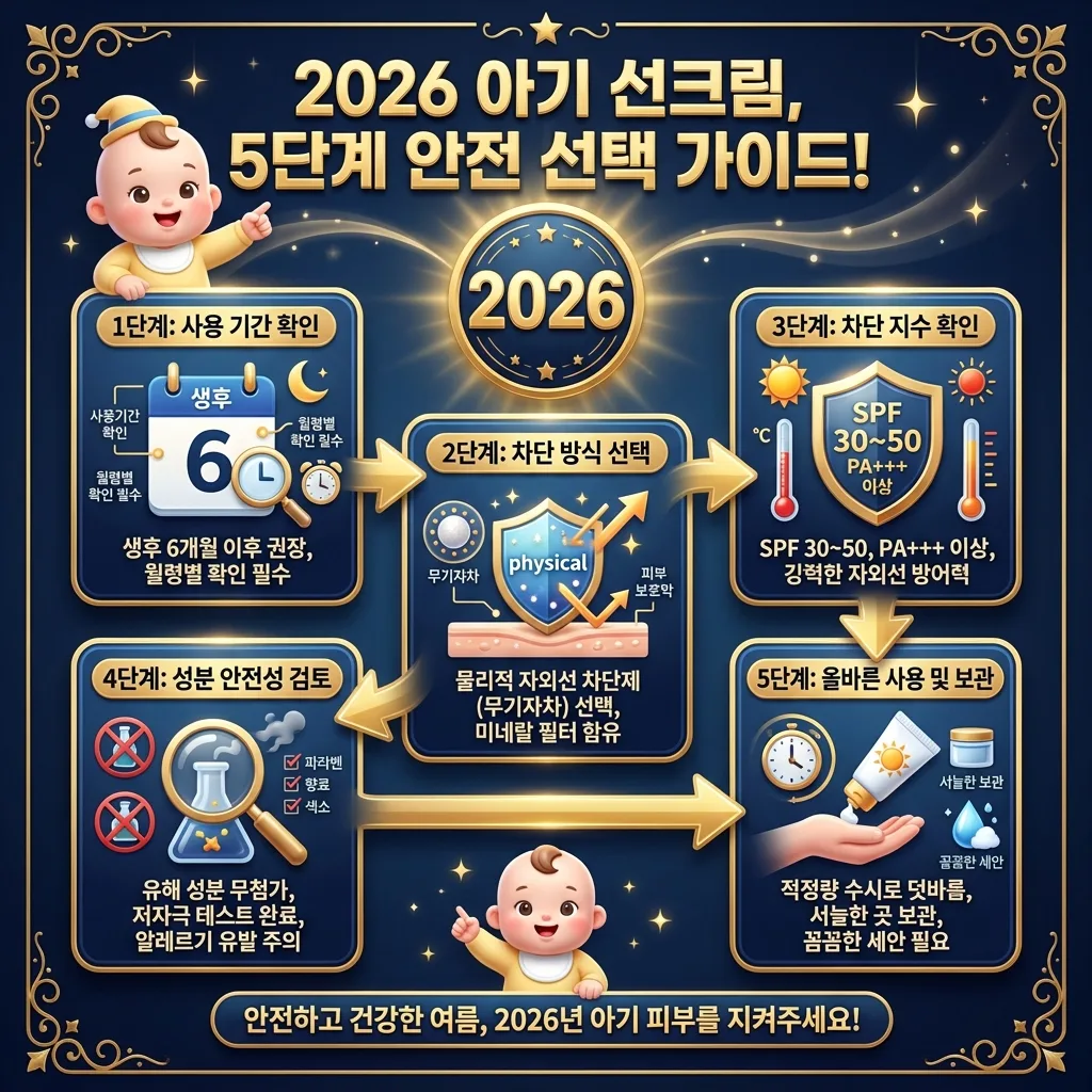 2026년 아기 선크림을 안전하게 고르는 5단계 가이드를 시각적으로 표현한 인포그래픽 포스터. 각 단계별 중요한 내용과 아이콘이 명확하게 제시되어 있으며, 아기 선크림 사용 시기, 필터 유형, 차단 지수, 성분, 사용법을 한눈에 볼 수 있습니다.