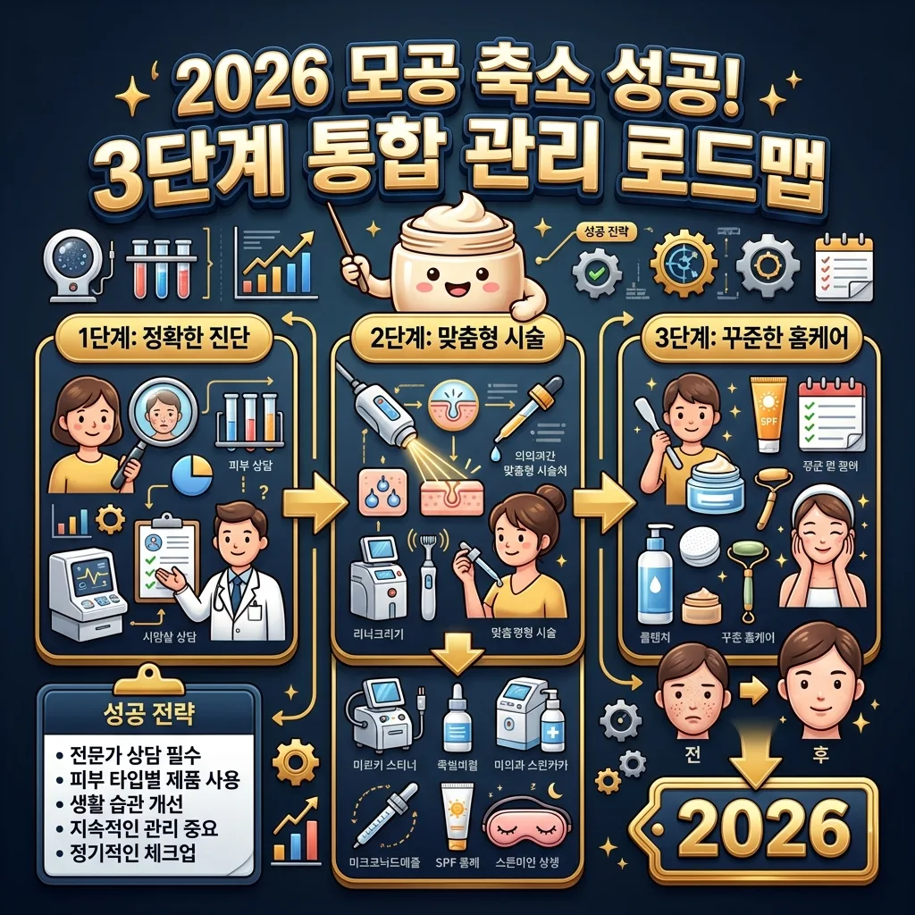 2026년 모공 축소를 위한 3단계 통합 관리 로드맵을 설명하는 인포그래픽. 정확한 진단부터 맞춤형 시술, 그리고 꾸준한 홈케어까지의 과정을 보여줍니다.