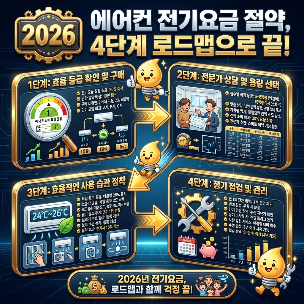 2026년 에어컨 전기요금을 절약하기 위한 4단계 로드맵을 시각화한 인포그래픽 포스터. 에너지 효율 등급 확인, 전문가 상담, 효율적 사용 습관, 정기 점검의 각 단계를 아이콘과 함께 설명하며 친근한 캐릭터가 안내한다. '2026'년도 배지가 포함되어 있다.