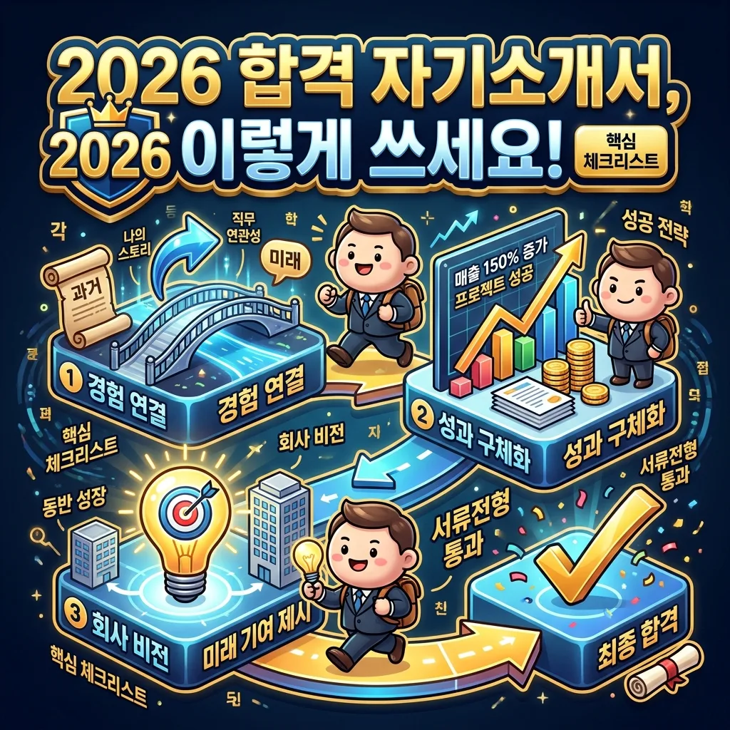 합격률을 높이는 중장년 재취업 자기소개서 작성 핵심 체크리스트를 단계별로 보여주는 인포그래픽. 경험 연결, 성과 구체화, 미래 기여 제시 등 주요 작성 팁이 제시됩니다.