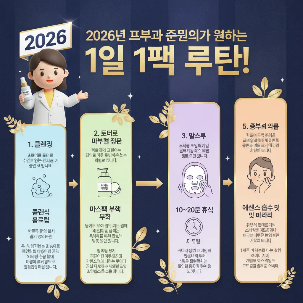 2026년 피부과 전문의가 권장하는 올바른 1일 1팩 루틴 단계를 상세히 설명하는 인포그래픽 이미지입니다.