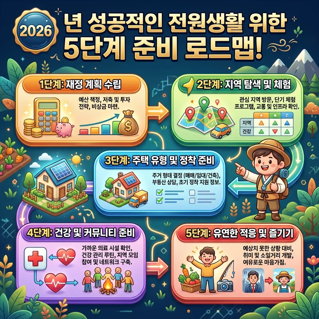 2026년 성공적인 은퇴 후 전원생활을 위한 체계적인 5단계 준비 로드맵을 시각화한 정보성 이미지. 재정 계획부터 지역 탐색, 주택 정착, 건강 및 커뮤니티 준비까지 각 단계를 아이콘과 함께 제시하여 은퇴 준비 과정을 명확하게 안내합니다.