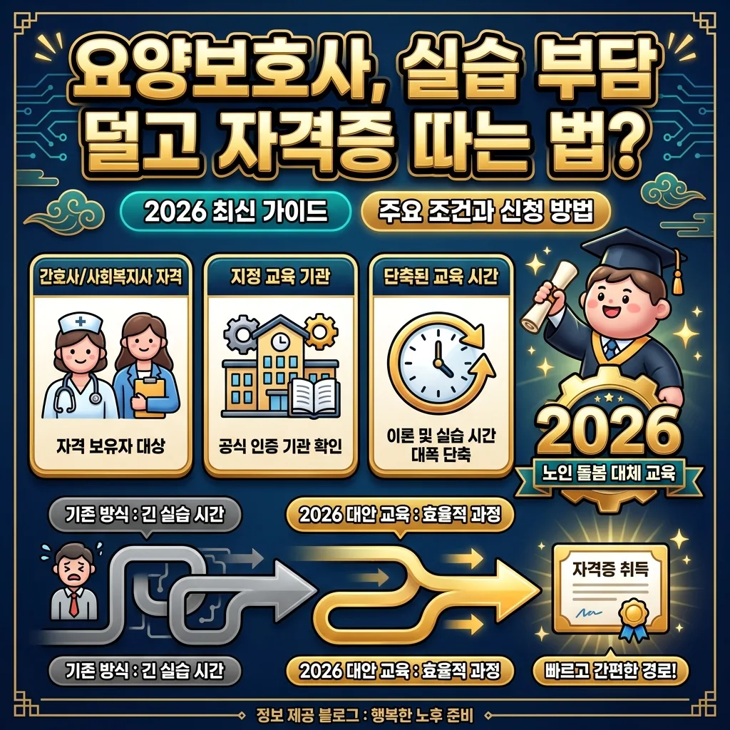 2026년 요양보호사 자격증을 위한 실습 대체 교육의 핵심 정보를 담은 인포그래픽 포스터. 실습 부담을 줄이는 방법과 간호사, 사회복지사 등 관련 전문직의 자격 조건을 한눈에 볼 수 있으며, 지정 교육 기관과 단축된 교육 시간을 친근한 캐릭터와 아이콘으로 설명한다.