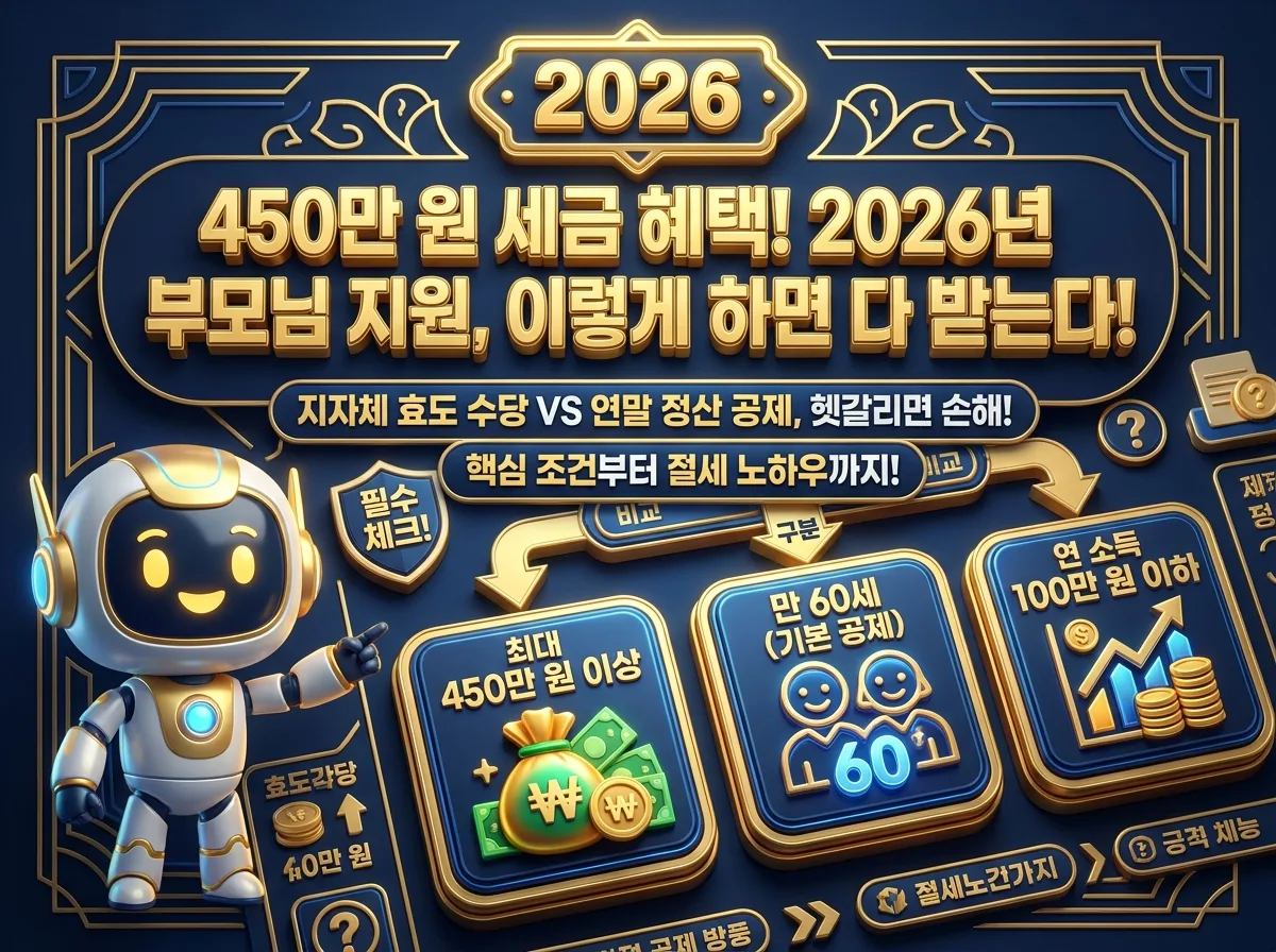 2026년 효도수당과 연말정산 부양가족 공제의 핵심 차이점을 비교하는 인포그래픽. 각 제도의 주체, 대상, 신청 방식을 명확히 구분하여 독자의 이해를 돕습니다.