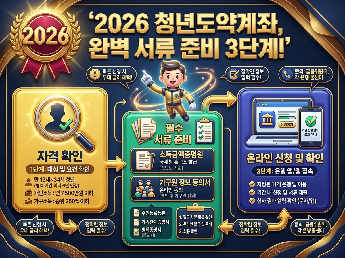 2026년 청년도약계좌의 3가지 핵심 혜택을 강조하는 꽉 찬 인포그래픽 포스터. 3D 캐릭터가 정부 기여금(연 최대 28.8만원), 비과세 혜택(이자소득 15.4% 면제), 그리고 5년 후 예상 목돈(약 4,800만원)을 아이콘과 함께 시각적으로 설명하며, 각 혜택의 중요성을 부각합니다.
