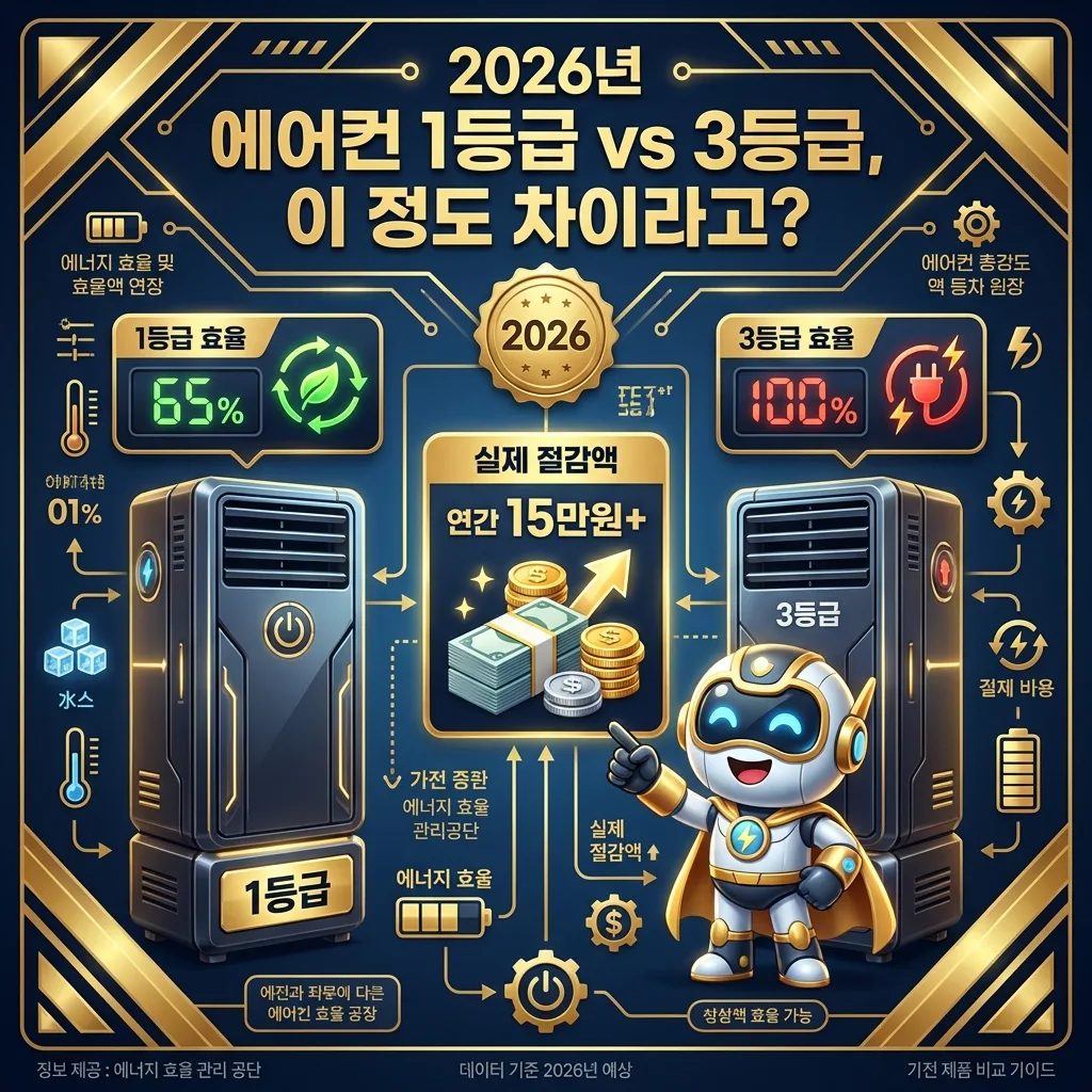 2026년 기준 에어컨 1등급과 3등급의 에너지 효율 및 전기요금 차이를 비교하는 인포그래픽 포스터. 1등급이 3등급 대비 연간 15만원 이상 전기요금을 절약할 수 있음을 강조하며, 친근한 캐릭터와 아이콘으로 정보를 시각화했다. '2026'년도 배지가 포함되어 있다.