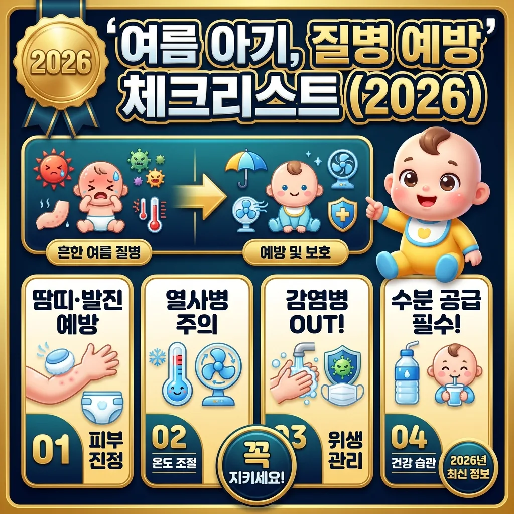 2026년 여름철 아기에게 흔한 질병을 예방하는 방법을 담은 인포그래픽. 땀띠, 열사병, 감염병 예방과 수분 공급의 중요성을 나타내는 아이콘과 한글 설명, 귀여운 아기 캐릭터가 꽉 찬 포스터.