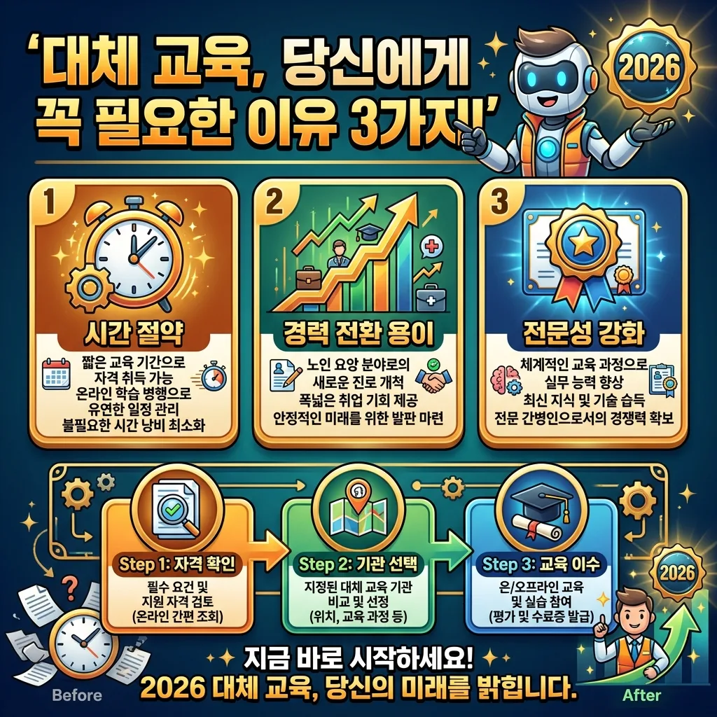 2026년 요양보호사 실습 대체 교육이 필요한 세 가지 이유와 간소화된 신청 과정을 인포그래픽으로 시각화한 포스터. 시간 절약, 경력 전환 용이, 전문성 강화 혜택을 아이콘과 함께 설명하고, 3단계 신청 절차를 친근한 캐릭터와 흐름도로 안내한다.