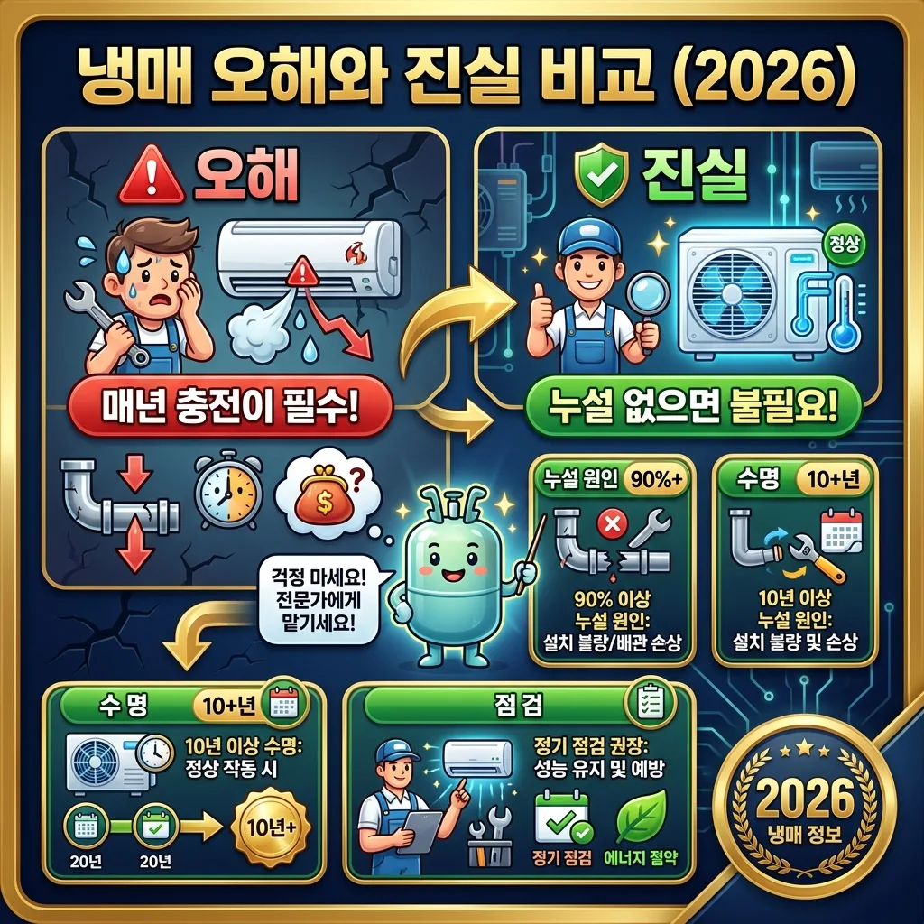 2026년 에어컨 냉매 누설이 의심될 때 현명하게 대처하는 4단계 프로세스를 보여주는 인포그래픽. 자가 점검부터 수리 및 충전까지의 절차를 안내합니다.