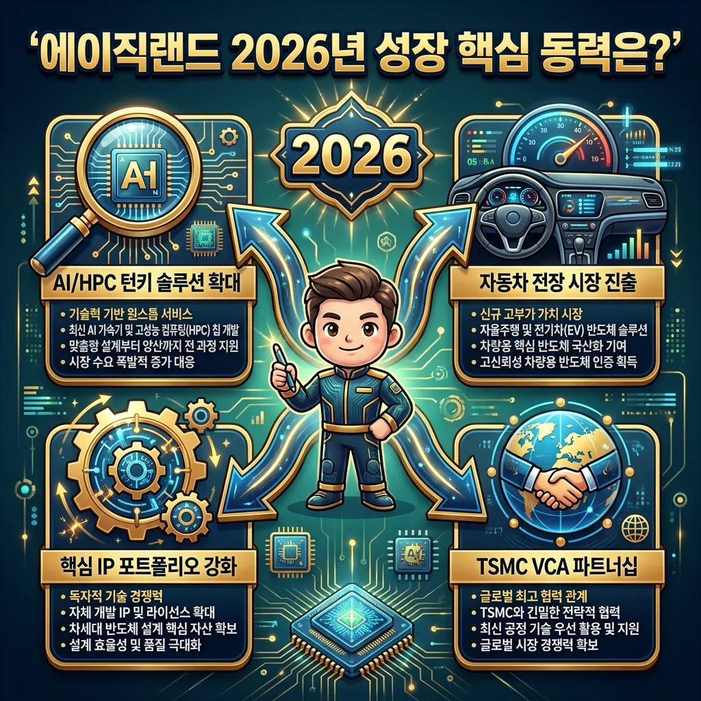 에이직랜드 2026년 투자 성공을 위한 핵심 체크포인트를 제시하는 인포그래픽 포스터입니다. 기술 신뢰도, 시장 확장성, 재무 목표의 세 가지 주요 지표를 3D 카툰 캐릭터와 함께 시각화하여 투자자들이 고려해야 할 사항을 명확히 보여줍니다.