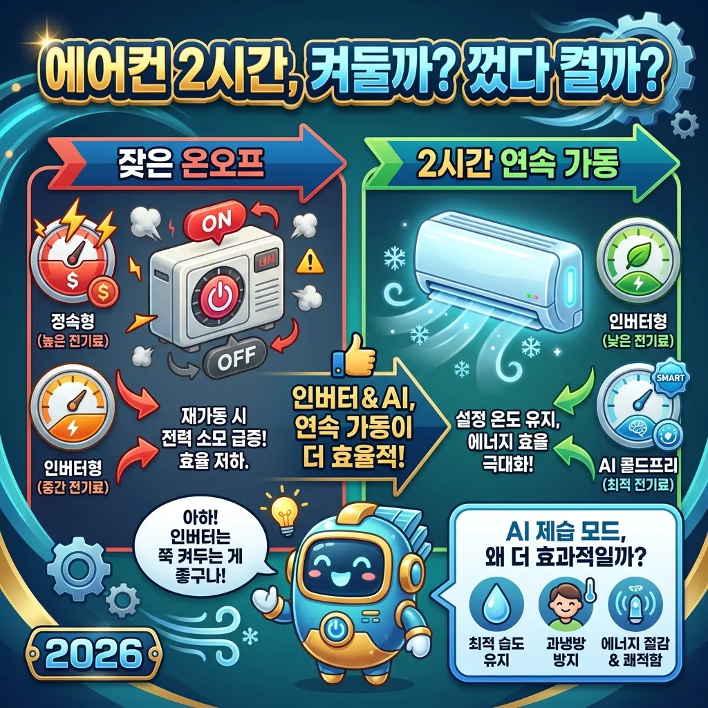 2026년 에어컨을 2시간 사용할 때, 정속형과 AI 인버터형 에어컨의 잦은 온오프와 연속 가동 시 전력 소비량 차이를 비교하는 인포그래픽. AI 제습 모드가 왜 더 효과적인지 시각적으로 설명합니다.