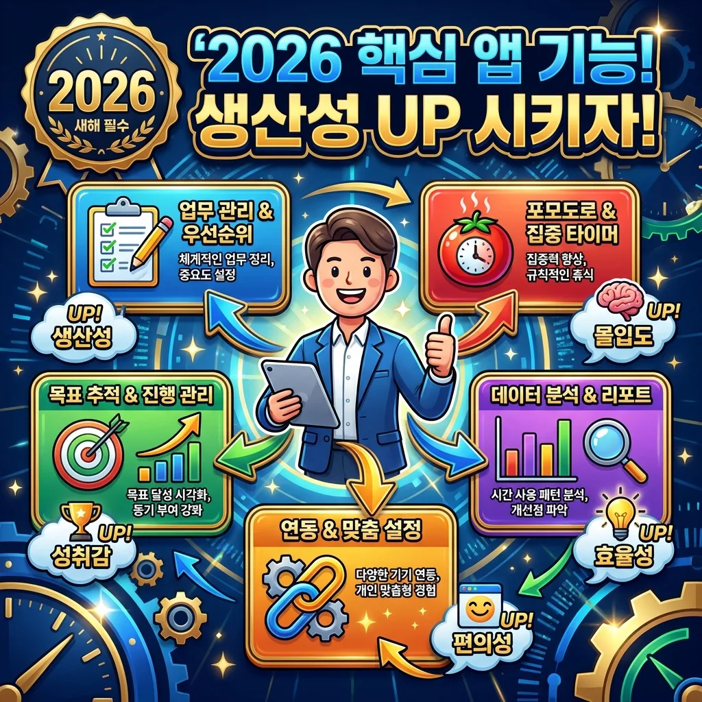 2026년 직장인 자기계발 앱의 핵심 기능과 현명한 선택 기준을 보여주는 꽉 찬 인포그래픽 포스터. 3D 직장인 캐릭터가 할 일 관리, 뽀모도로, 목표 추적, 데이터 분석, 연동성 등 주요 기능을 설명하는 정보 카드와 함께 '2026년 핵심 기능' 배지가 강조되어 있다.