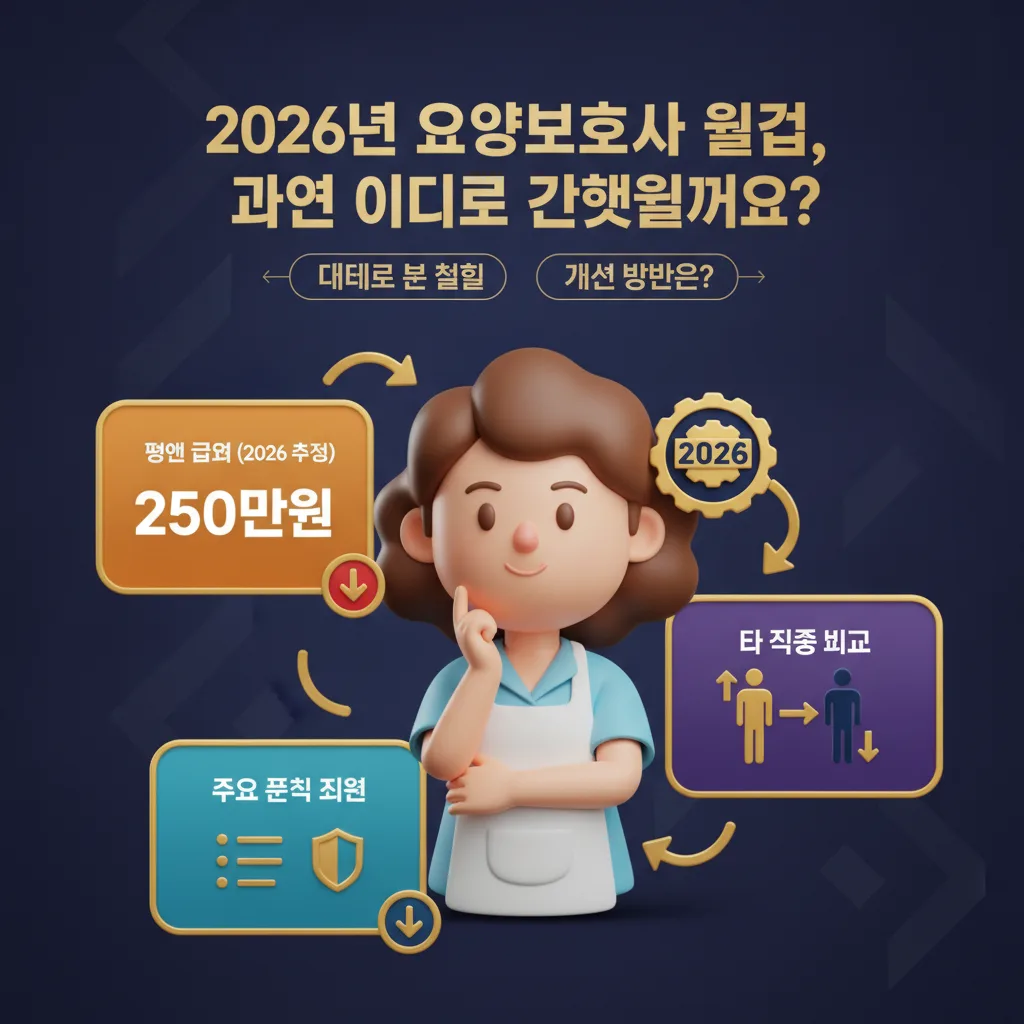 2026년 요양보호사의 월급과 처우 현실을 데이터로 분석하고 개선 방안을 제시하는 강력한 인포그래픽 포스터. '과연 이대로 괜찮을까요?'라는 후킹 문구와 함께 3D 카툰 요양보호사 캐릭터, 평균 급여, 정책 지원, 타 직종 비교 카드들이 조화롭게 배치되어 정보를 한눈에 파악할 수 있도록 디자인되었습니다. 2026년 연도 배지가 강조되어 최신 정보를 담고 있음을 알립니다.
