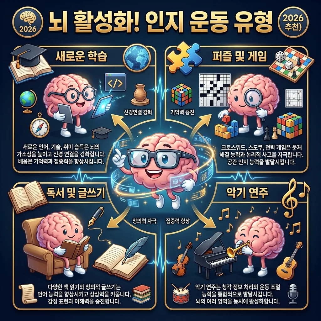 2026년 중장년층 뇌 활성화를 위한 다양한 인지 운동 유형을 시각적으로 비교, 설명하는 인포그래픽 포스터입니다. 새로운 학습, 퍼즐, 독서, 악기 연주 등의 활동을 추천합니다.