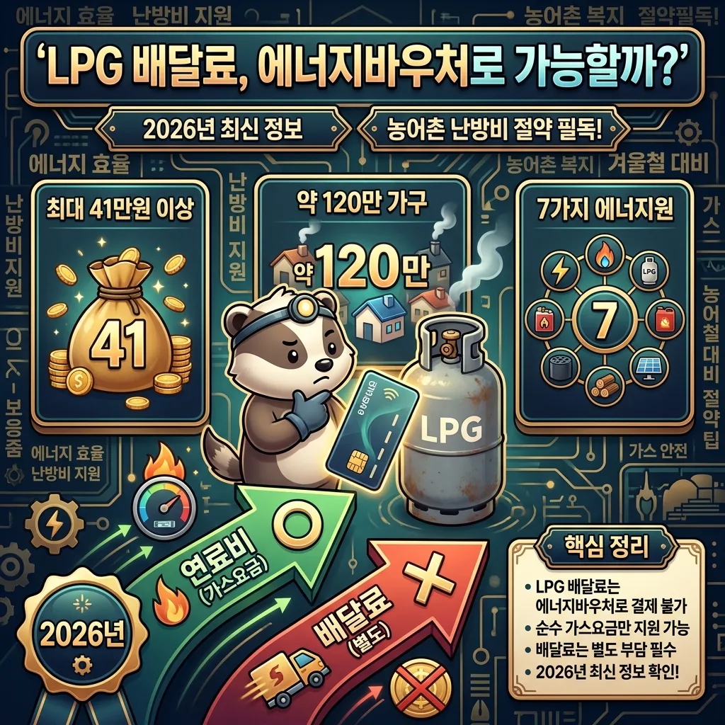 2026년 에너지바우처의 신청부터 지급, 사용까지의 3단계 핵심 과정을 시각적으로 보여주는 풍부한 인포그래픽. 각 단계별 기간, 신청 방법, 지급 형태, 사용 가능한 에너지원 정보를 담고 있다.