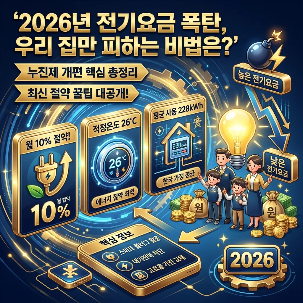 전기요금 누진제 부담을 3단계로 줄이는 방법을 시각화한 인포그래픽 포스터. 사용량 확인, 가전제품 효율 관리, 생활 습관 개선의 구체적인 절약 팁이 친근한 캐릭터와 함께 제시되어 이해하기 쉽습니다.