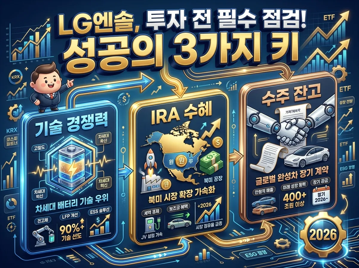 LG에너지솔루션 투자 시 고려해야 할 장점과 위험 요인을 비교 분석하는 인포그래픽 포스터. IRA 수혜, 기술 리더십 등 강점과 시장 둔화, 경쟁 심화 등 리스크를 명확히 제시.